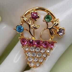 Monet Vintage Gold Tone Pink, Clear Purple Rhinestone Flower Basket Brooch